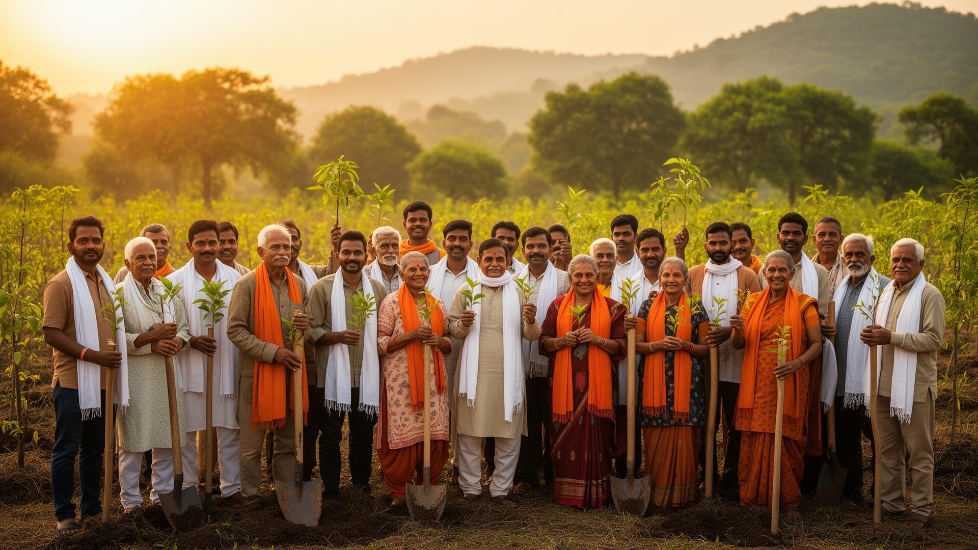 KDS Seva Samiti volunteers and elders standing together at a tree plantation drive at sunrise in Chhattisgarh